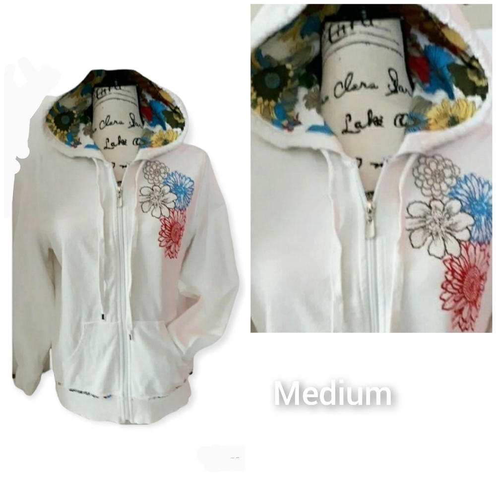 Womens vintage cotton brand white Floral print Hoddie Jacket sz Medium top